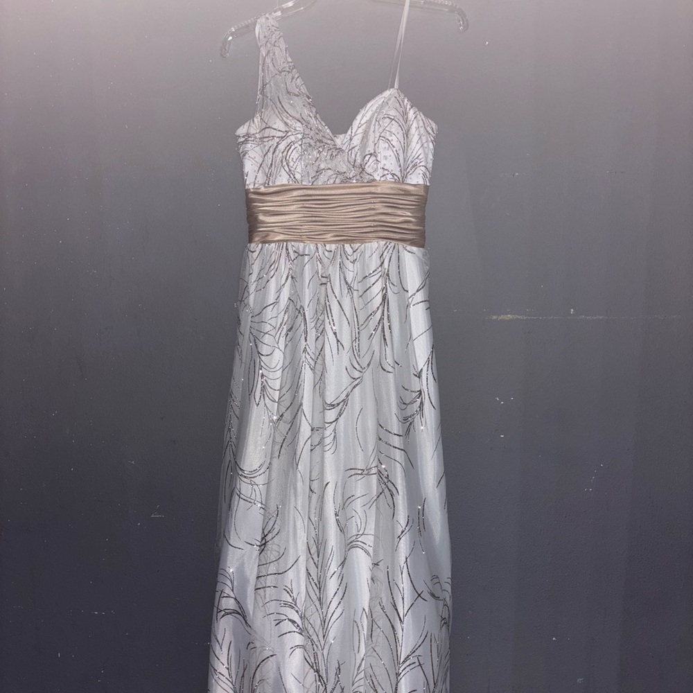 One shoulder white gold formal gown